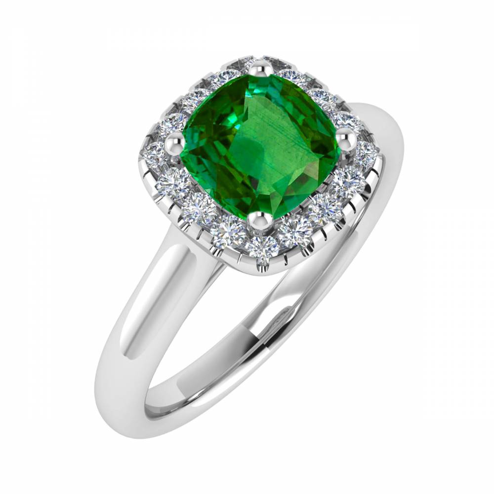 Green Emerald Cushion Shaped Diamond Single Halo Shoulder Set Ring Image