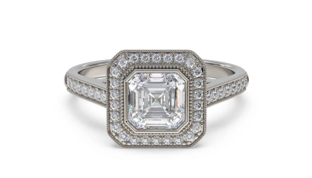 Asscher Diamond Single Halo Shoulder Set Ring set in Platinum