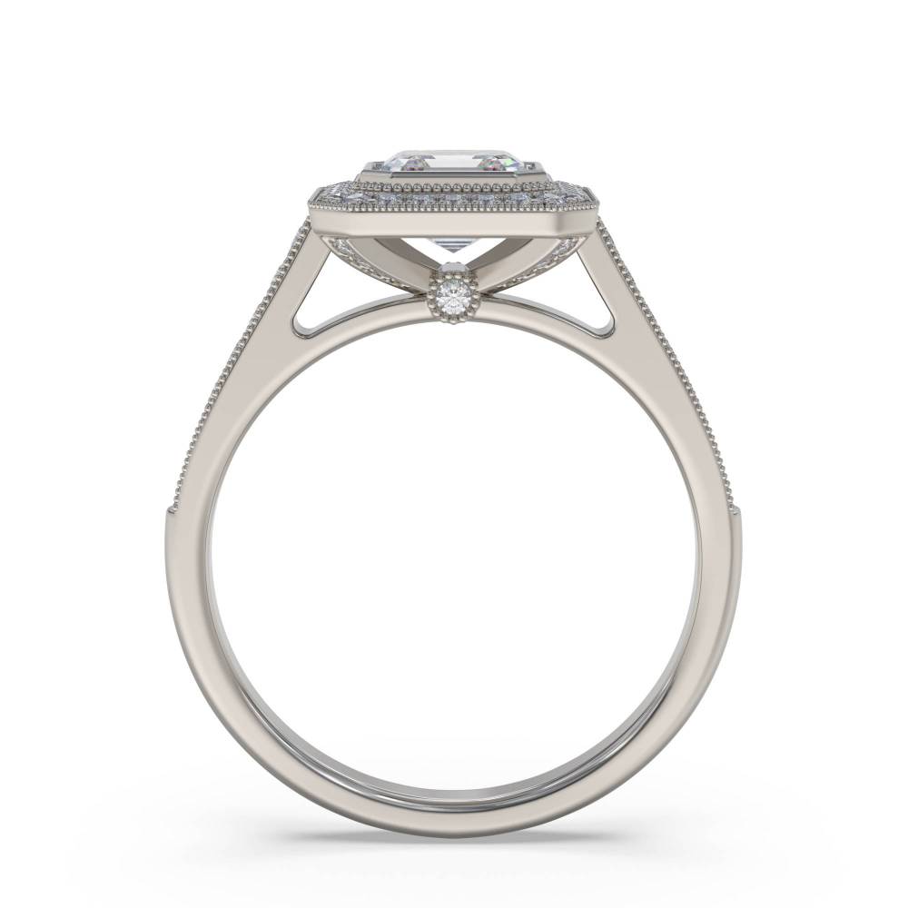 Asscher Diamond Single Halo Shoulder Set Ring set in Platinum