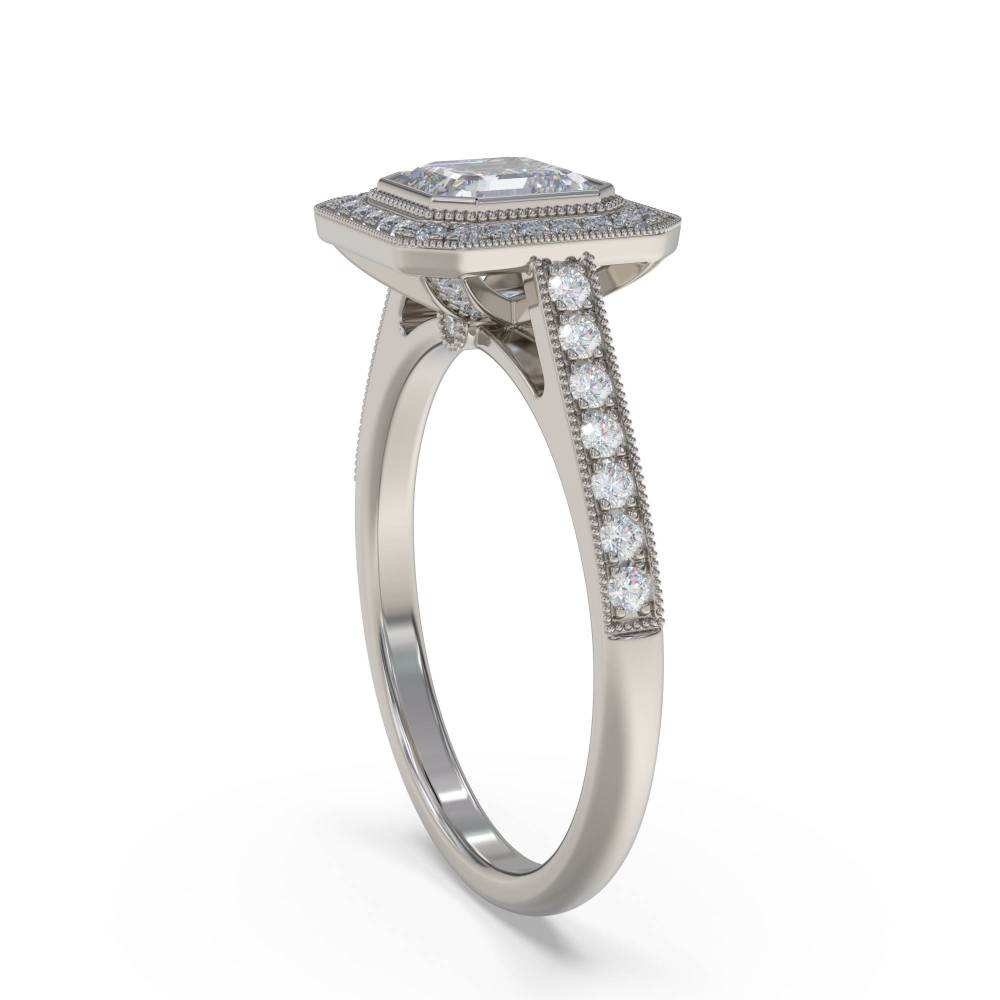 Asscher Diamond Single Halo Shoulder Set Ring set in Platinum