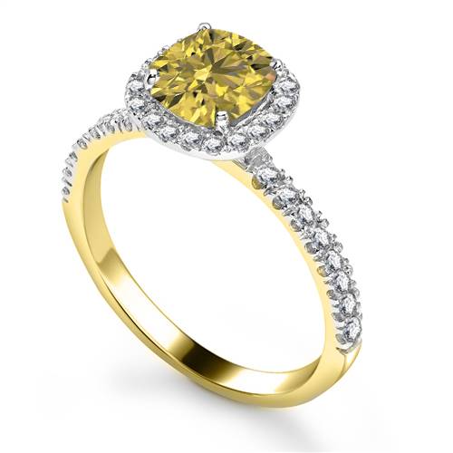 Fancy Yellow Cushion Diamond Shoulder Set Ring Yellow Gold