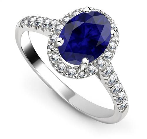 Blue Sapphire Oval Shaped Diamond Single Halo Shoulder Set Ring Image