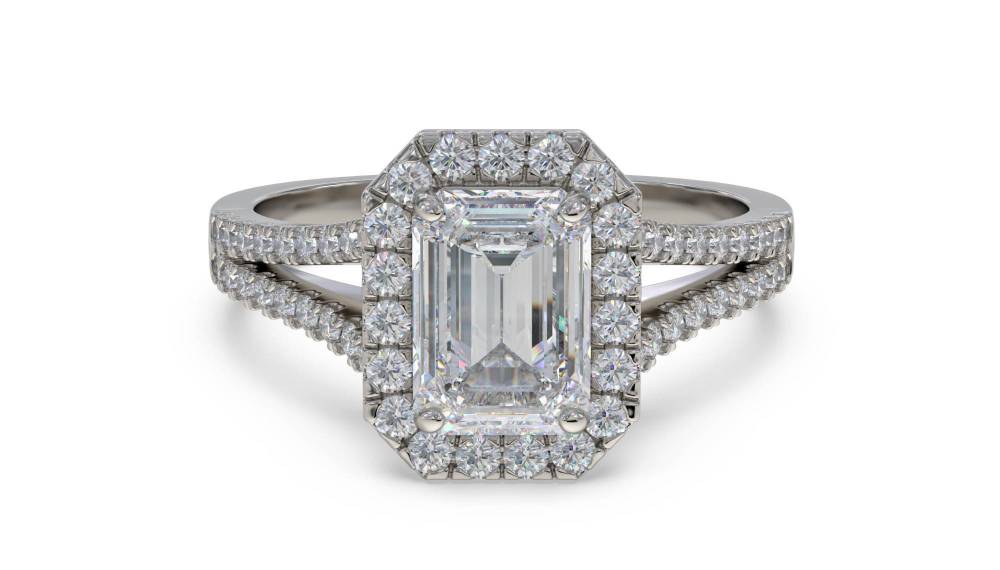 Emerald Diamond Single Halo Shoulder Set Ring set in Platinum