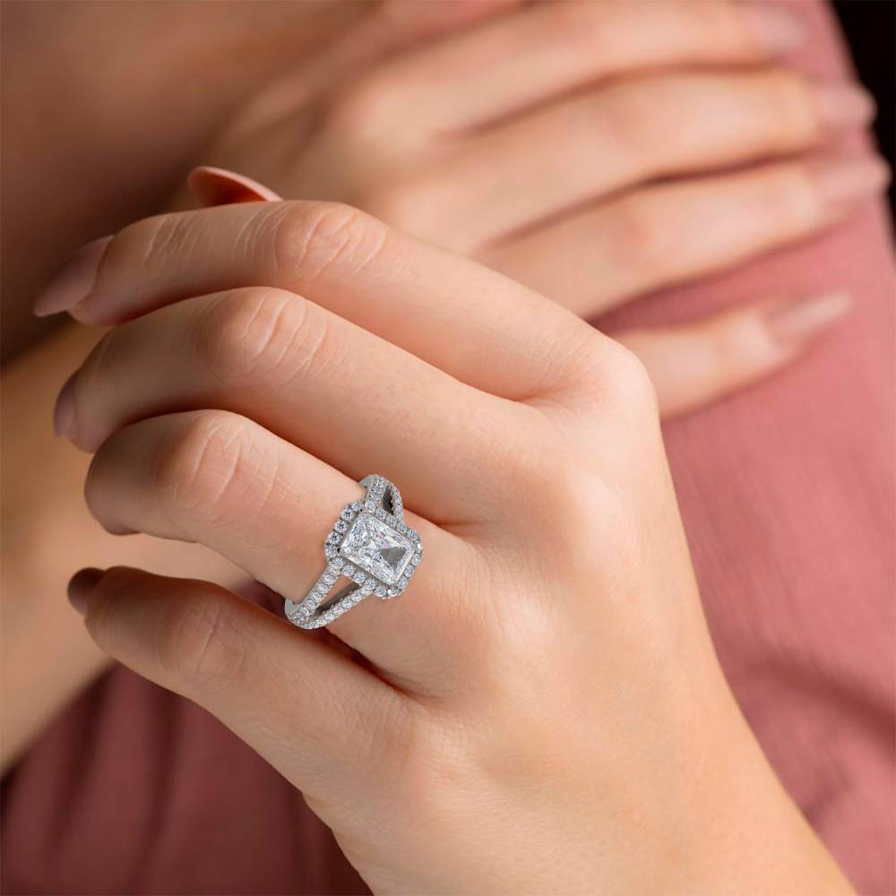 Radiant Diamond Single Halo Shoulder Set Ring set in Platinum