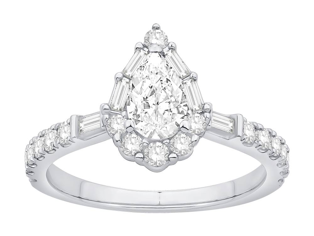 1.00Ct Pear Diamond Halo Baguette And Round With Baguette Sides And Round Shoulder Set Ring W