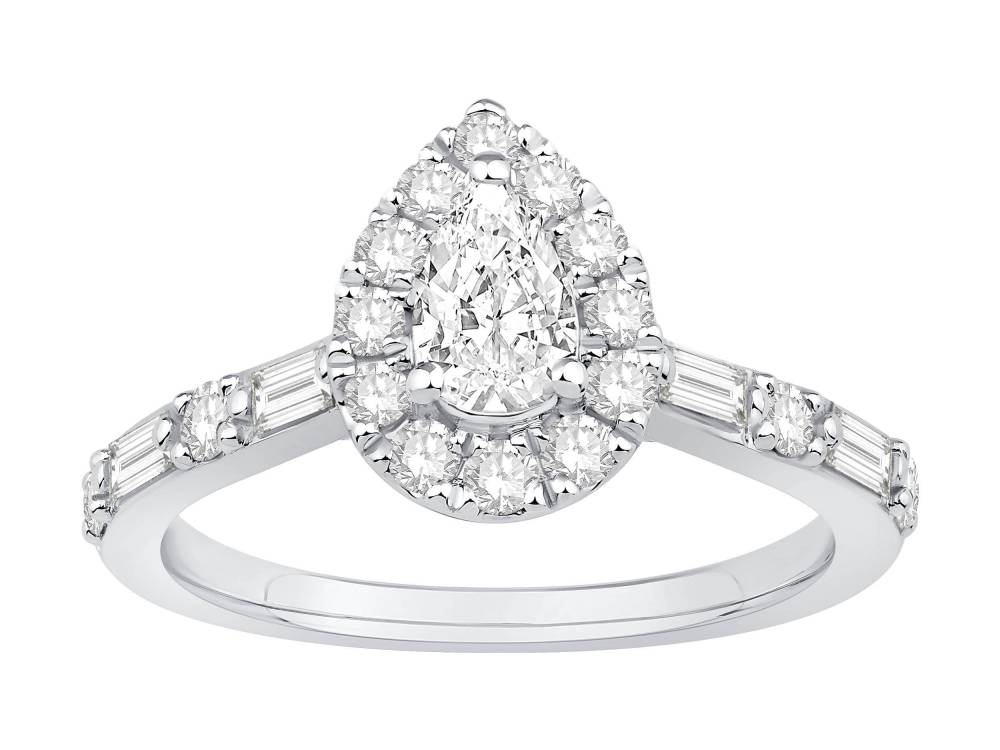 0.75ct Pear Diamond Halo Baguette And Round Shoulder Set Ring W