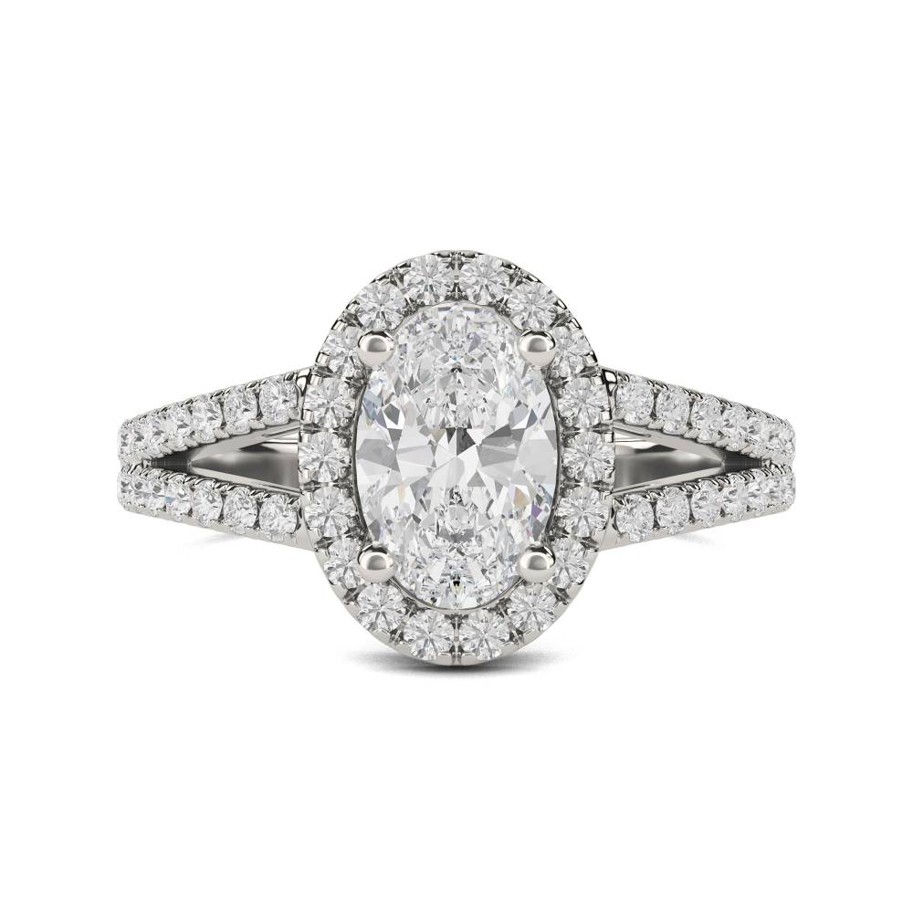 Oval Diamond Single Halo Shoulder Set Ring set in Platinum