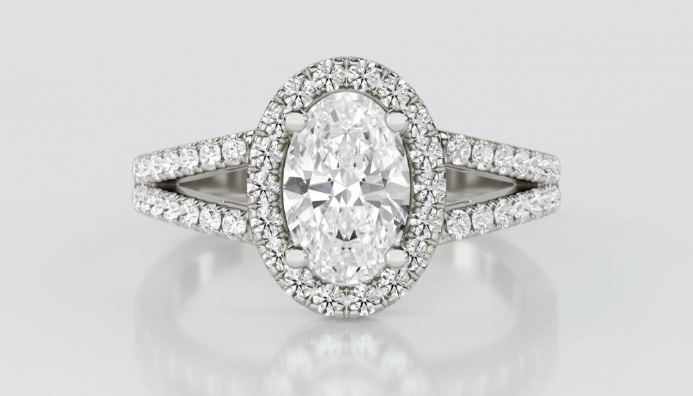 Oval Diamond Single Halo Shoulder Set Ring set in Platinum