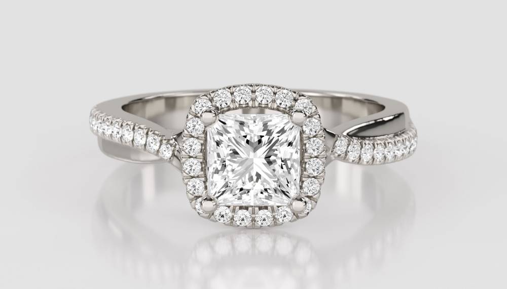 Princess Diamond Single Halo Shoulder Set Ring set in Platinum