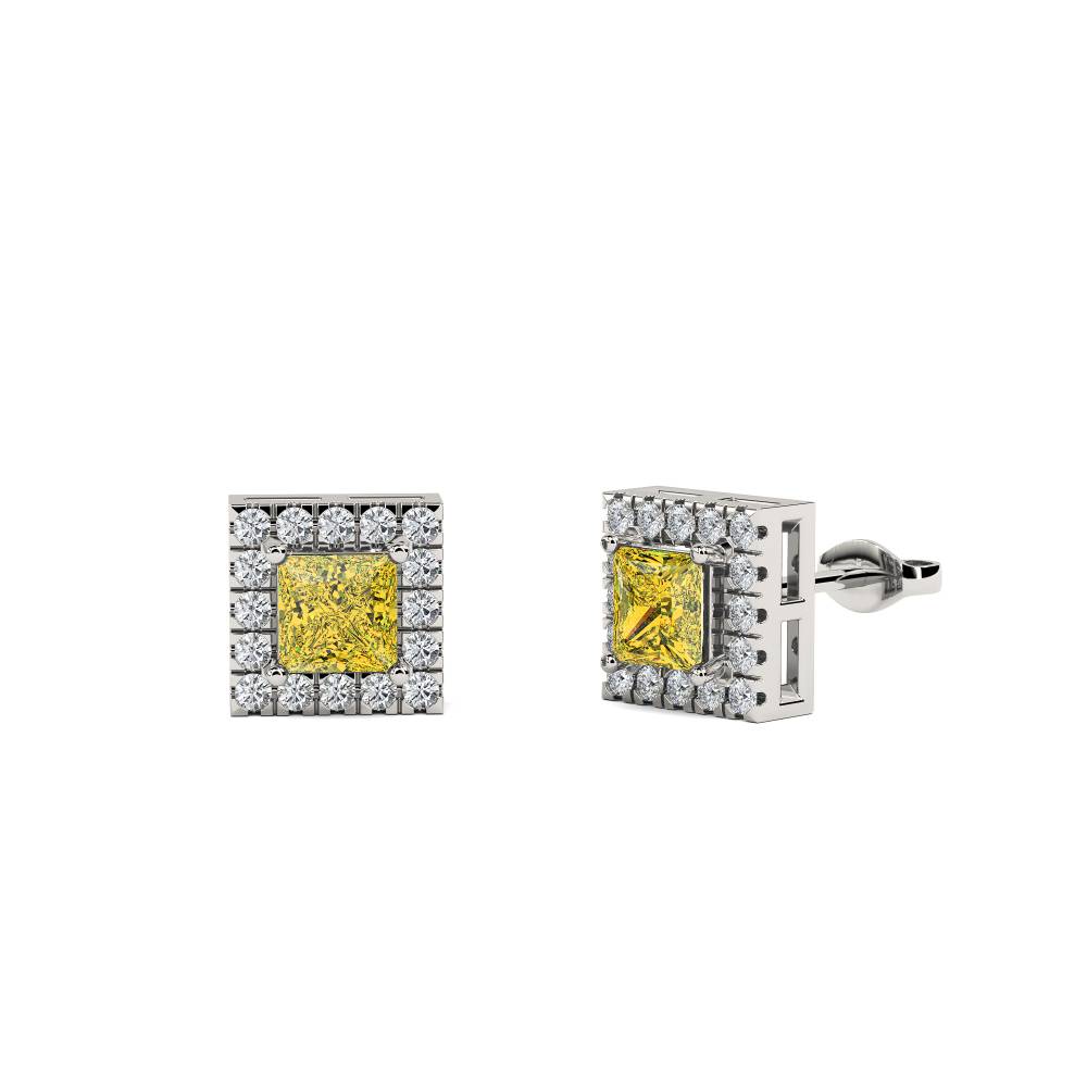 Fancy Yellow Cushion Diamond Halo Earrings set in Platinum