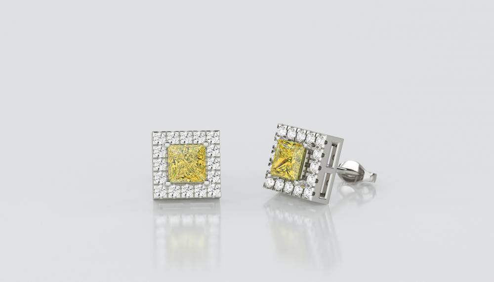 Fancy Yellow Cushion Diamond Halo Earrings set in Platinum