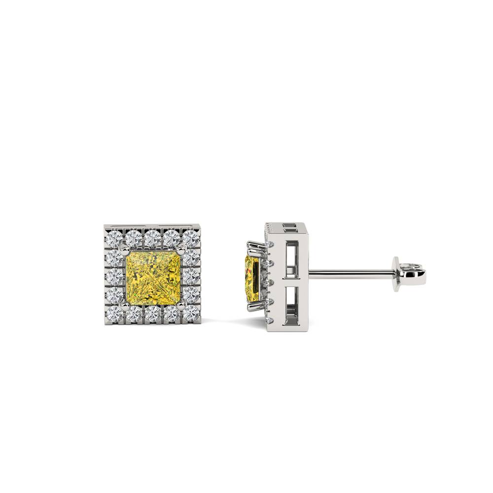 Fancy Yellow Cushion Diamond Halo Earrings set in Platinum