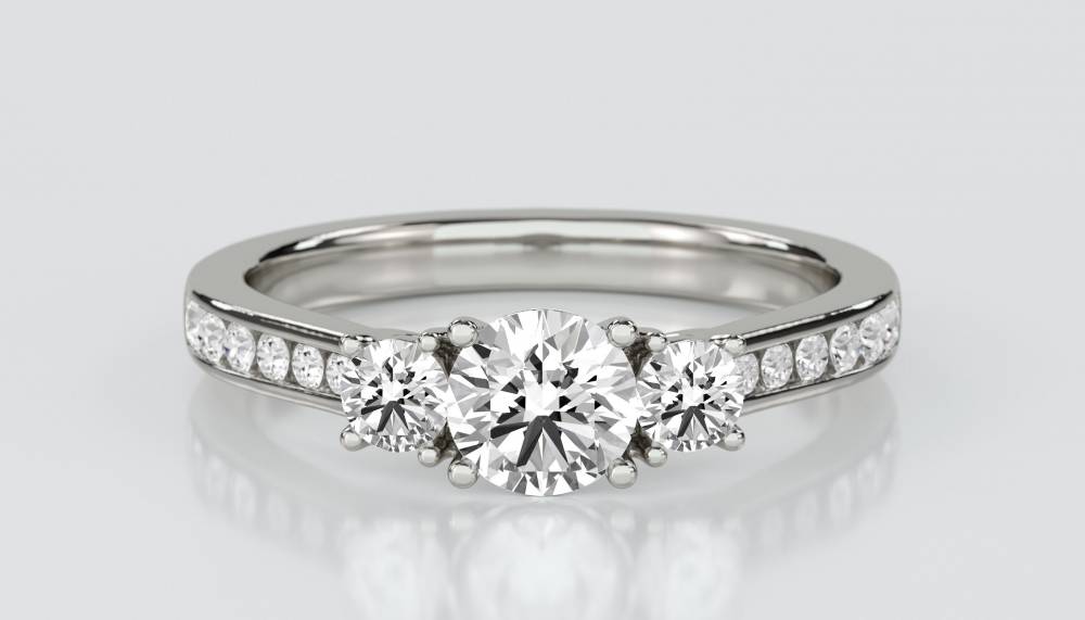 DHRX3177 3 Round Stone Diamond Ring With Shoulder Diamonds set in Platinum