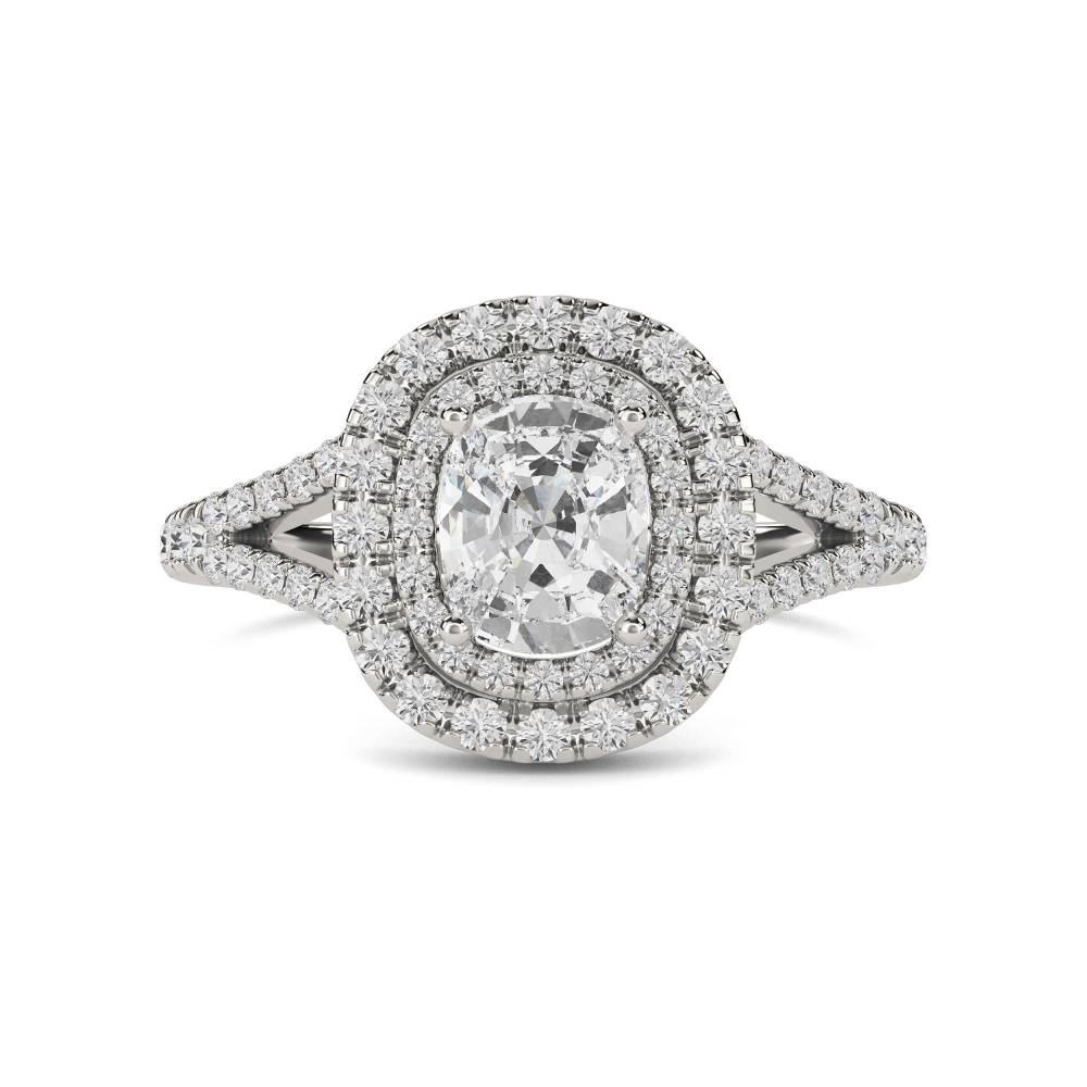 Cushion Diamond Double Halo Shoulder Set Ring set in Platinum