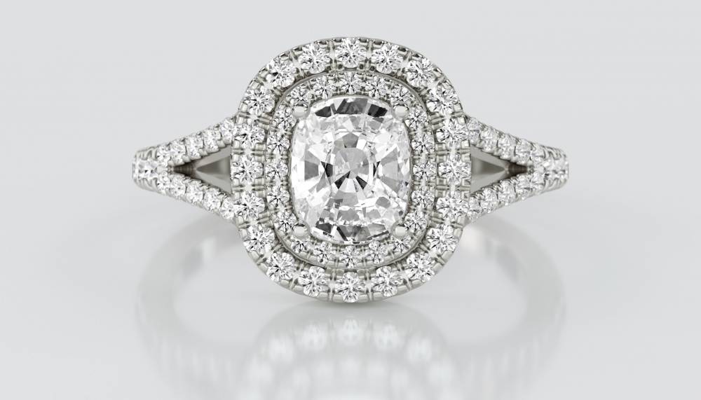 Cushion Diamond Double Halo Shoulder Set Ring set in Platinum