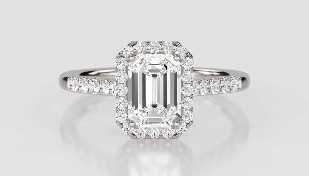 Emerald Diamond Single Halo Shoulder Set Ring set in Platinum