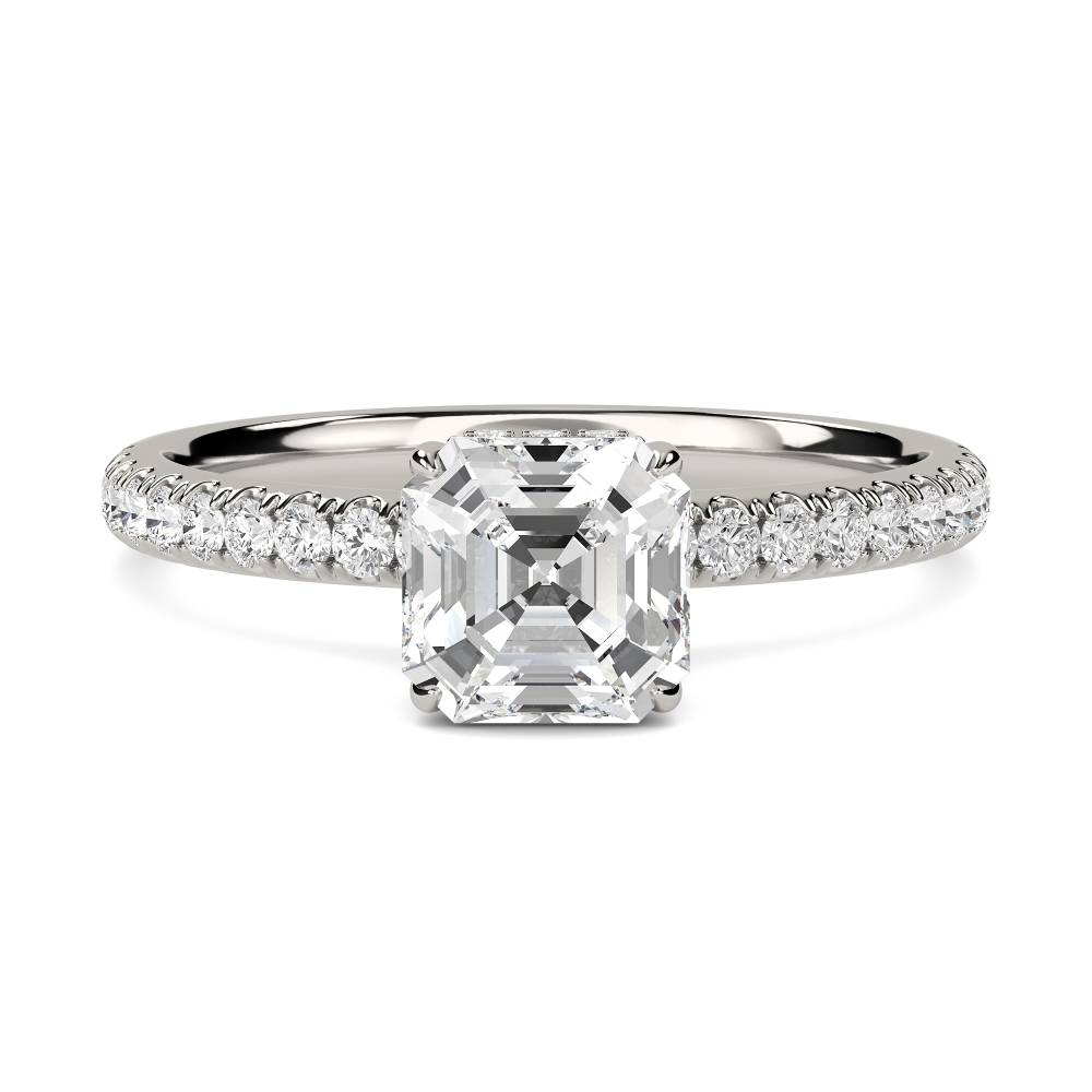 Asscher Diamond High Set Hidden Halo Shoulder Set Ring set in Platinum