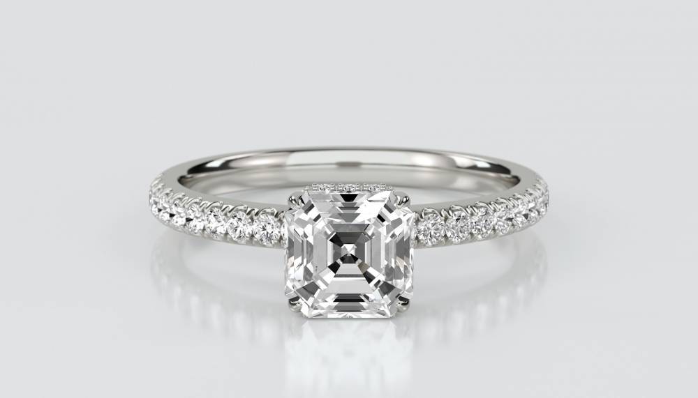 Asscher Diamond High Set Hidden Halo Shoulder Set Ring set in Platinum