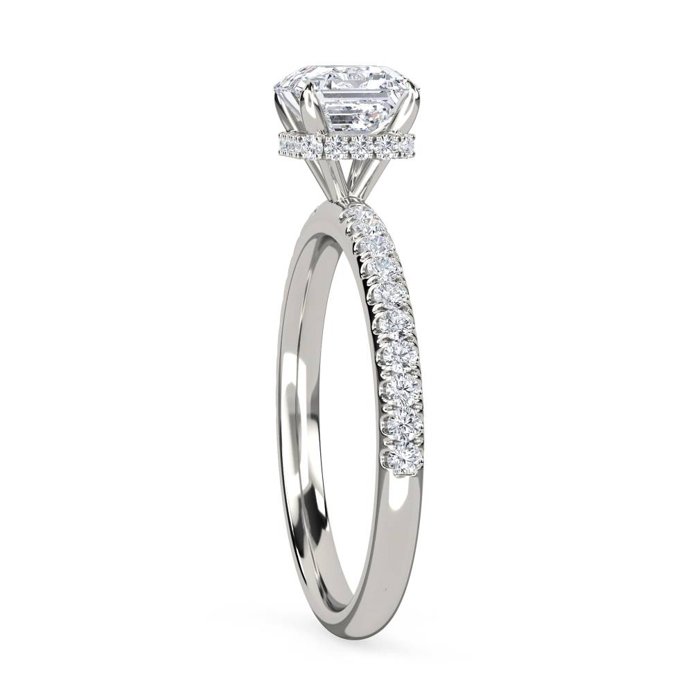 Asscher Diamond High Set Hidden Halo Shoulder Set Ring set in Platinum