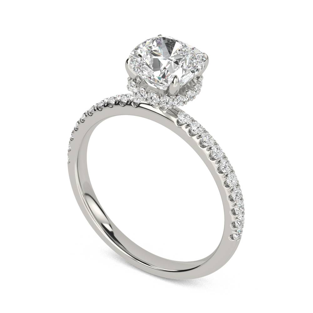 Cushion Diamond High Set Hidden Halo Shoulder Set Ring set in Platinum