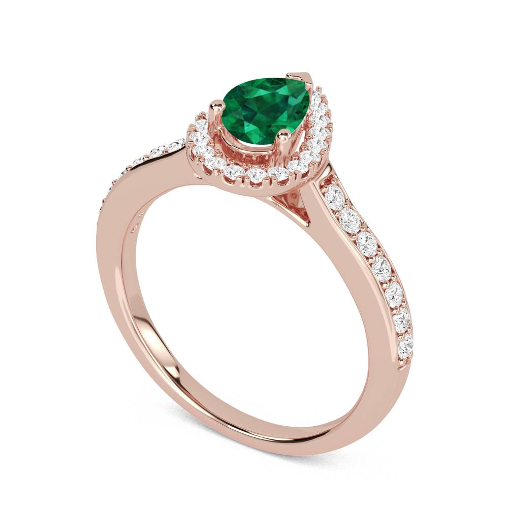 Green Emerald Pear Shaped Diamond Single Halo Shoulder Set Ring Image