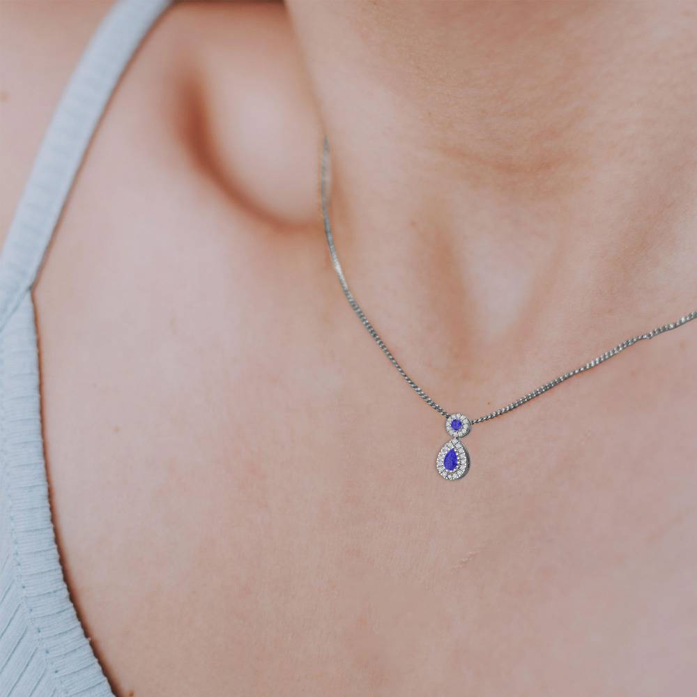 Blue Sapphire and Diamond Halo Drop Pendant W