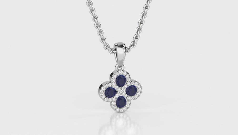 Blue Sapphire & Diamond Halo Clover Pendant W