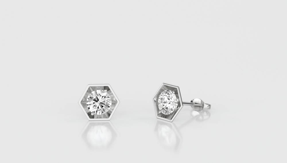 Round Diamond Hexagon Shaped Earrings W