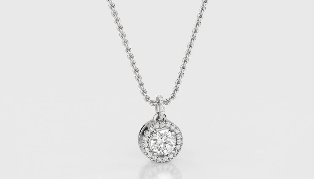 Pave Set Round Diamond Single Halo Pendant W