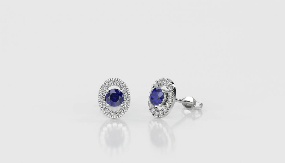 Round Blue Sapphire & Diamond Cluster Earrings W