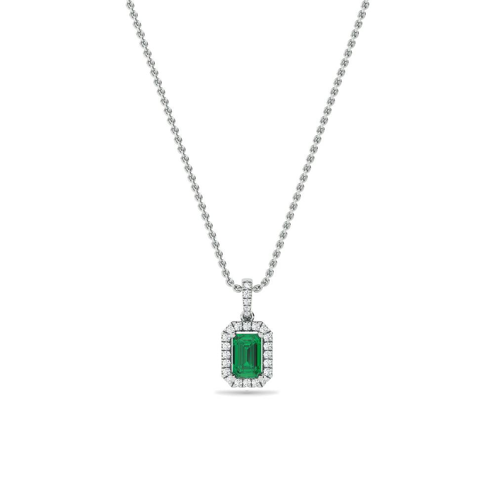 Green Emerald & Diamond Halo Pendant set in White Gold