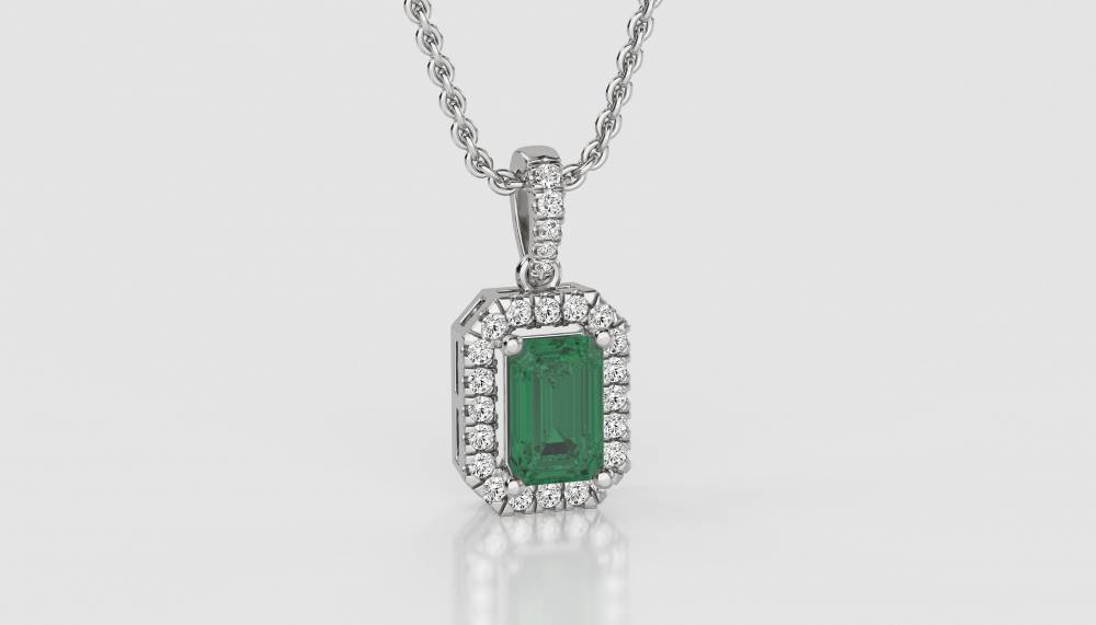 Green Emerald & Diamond Halo Pendant set in White Gold