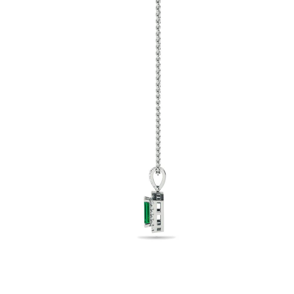 Green Emerald & Diamond Halo Pendant set in White Gold