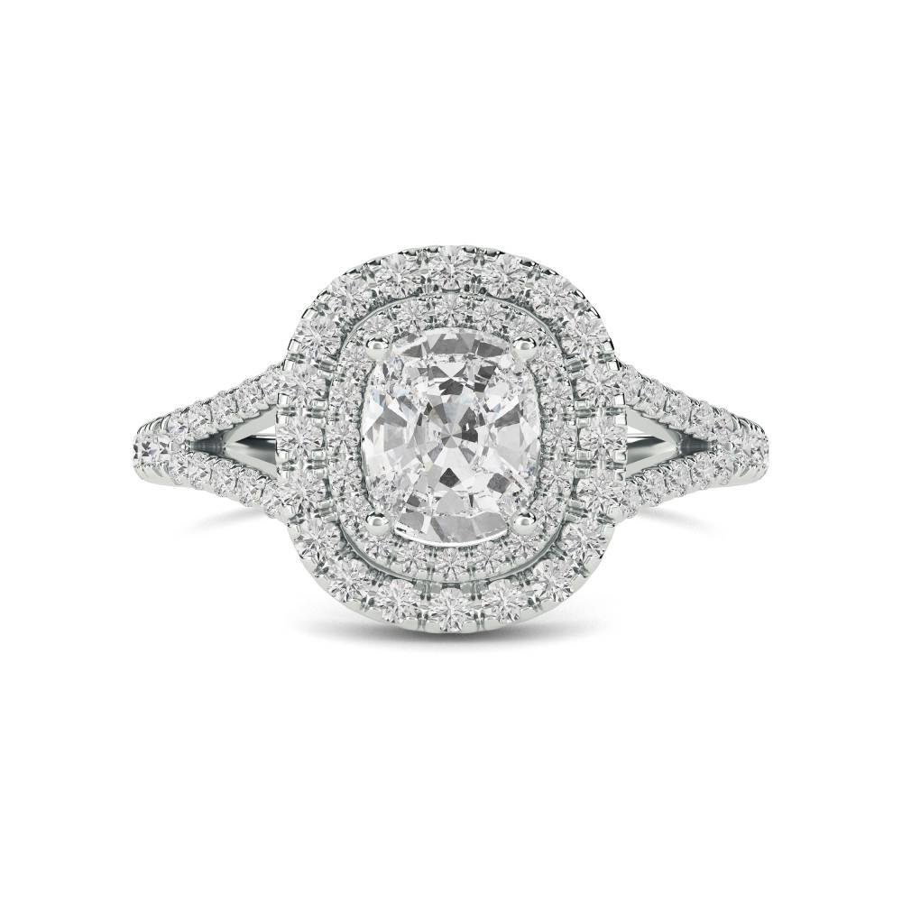 Cushion Diamond Double Halo Shoulder Set Ring W