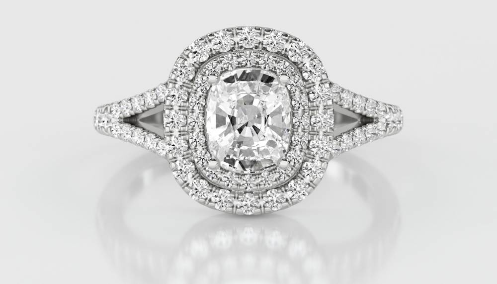 Cushion Diamond Double Halo Shoulder Set Ring W