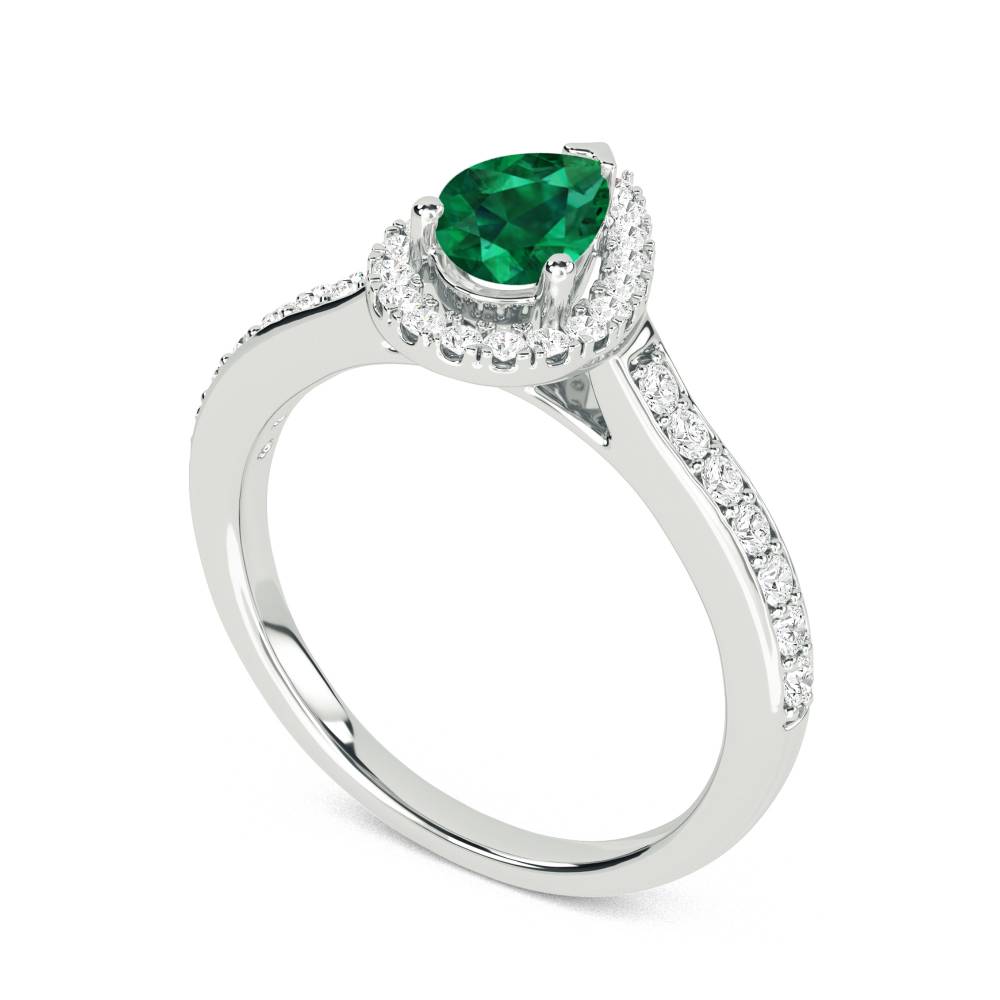 Green Emerald Pear Shaped Diamond Single Halo Shoulder Set Ring Image