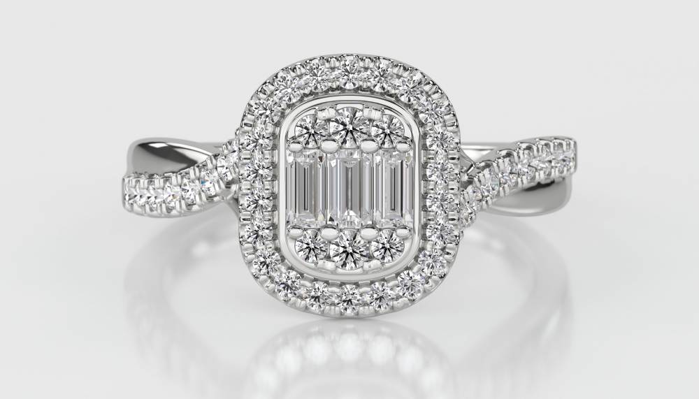 Baguette and Round Diamond Cluster Ring W