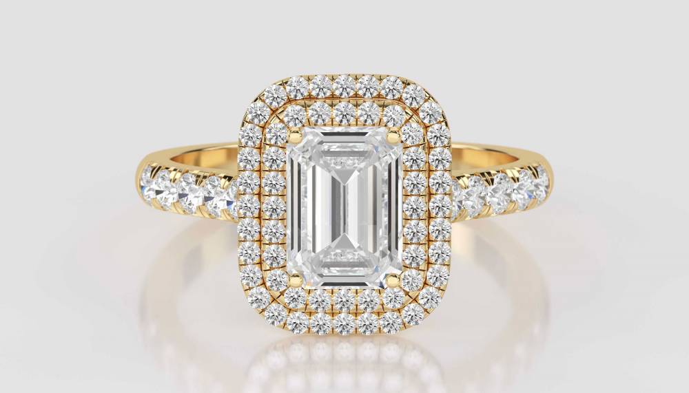 Emerald Diamond Double Halo Shoulder Set Ring Image